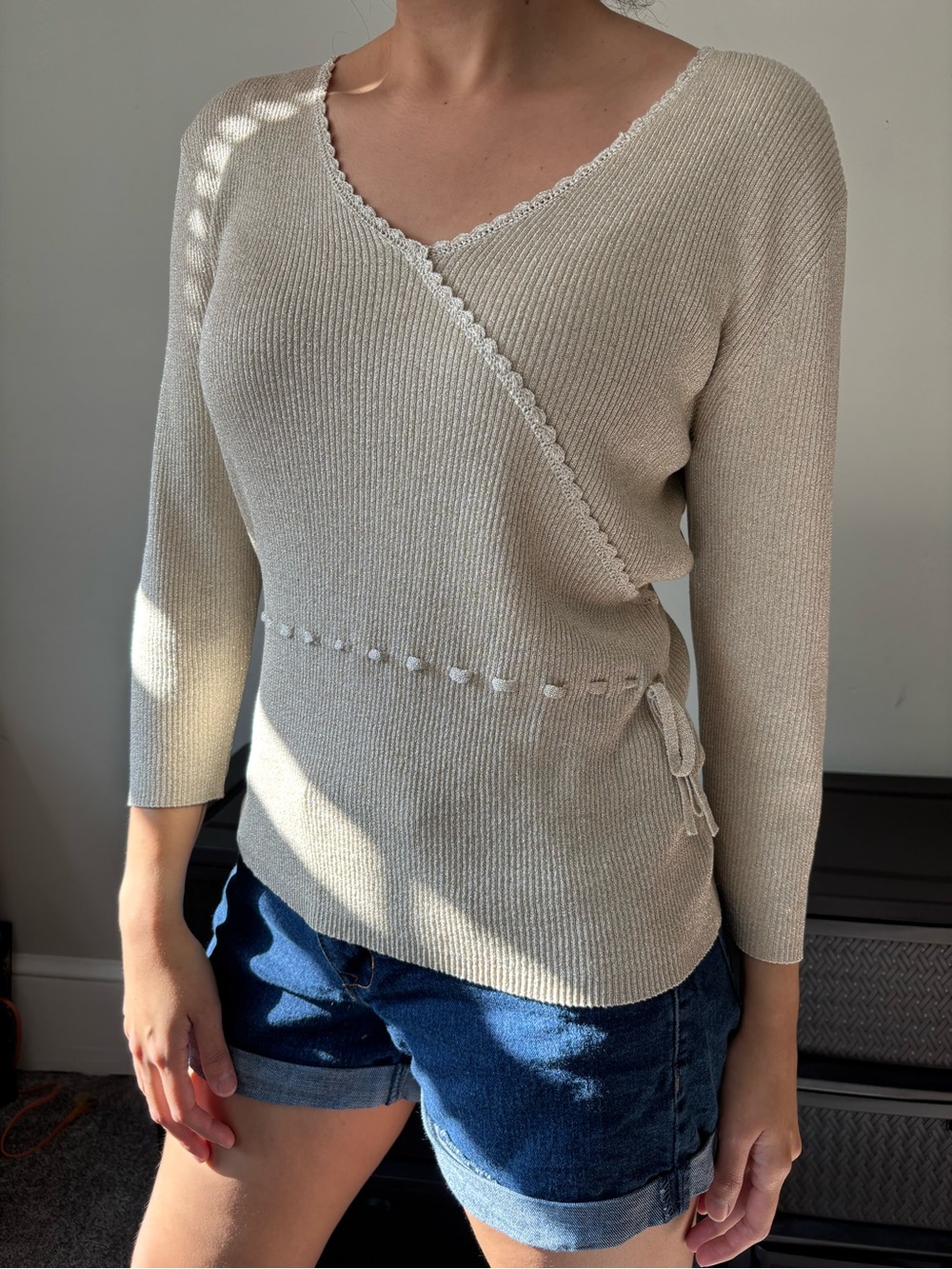 Y2K Fairycore Silk Cream Ribbed Knit Wrap Top Lace Cottage Blouse Small - Medium